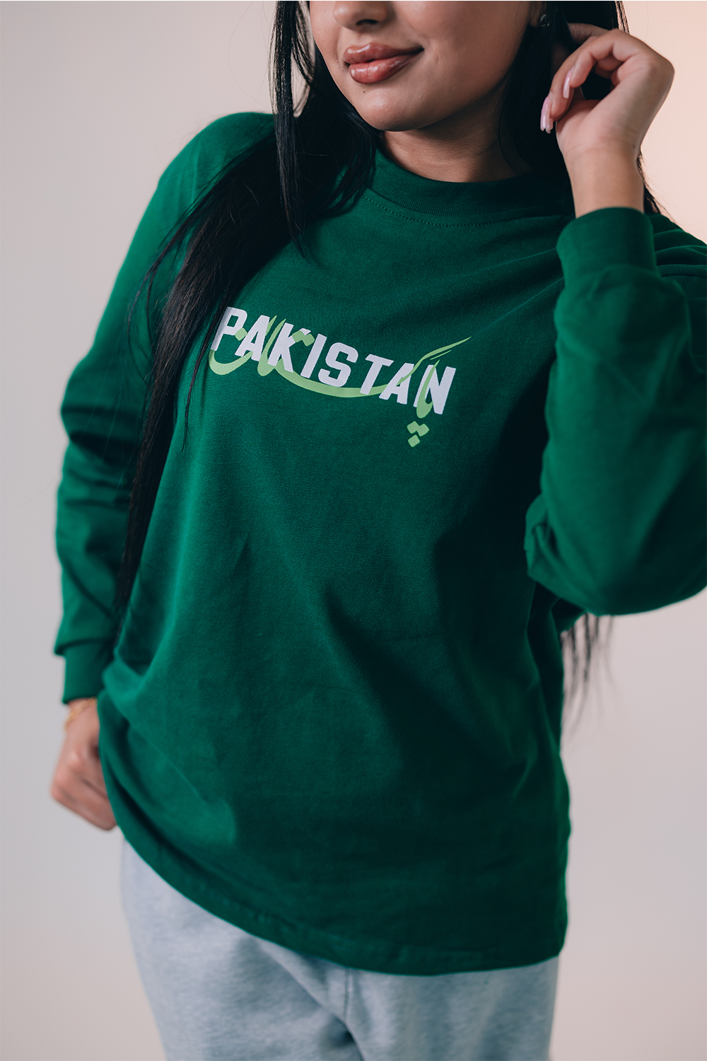 "Emerald Horizon Layer" - Printed Green Pakistan Long Sleeve